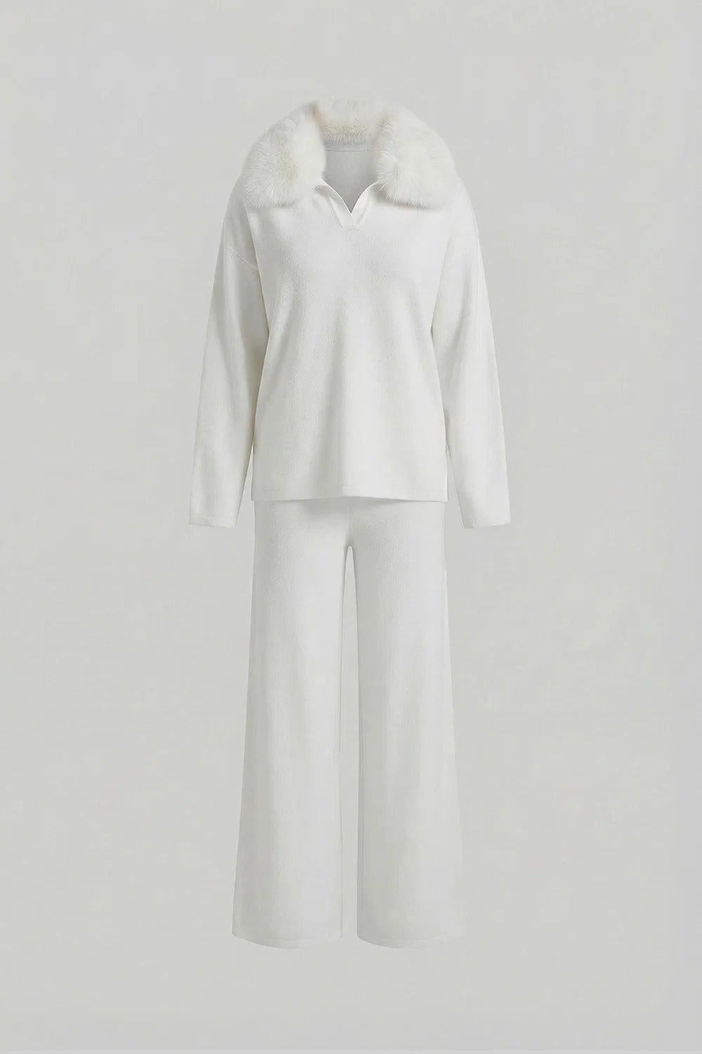 CONJUNTO DE PUNTO CON CUELLO DE PELO - BLANCO