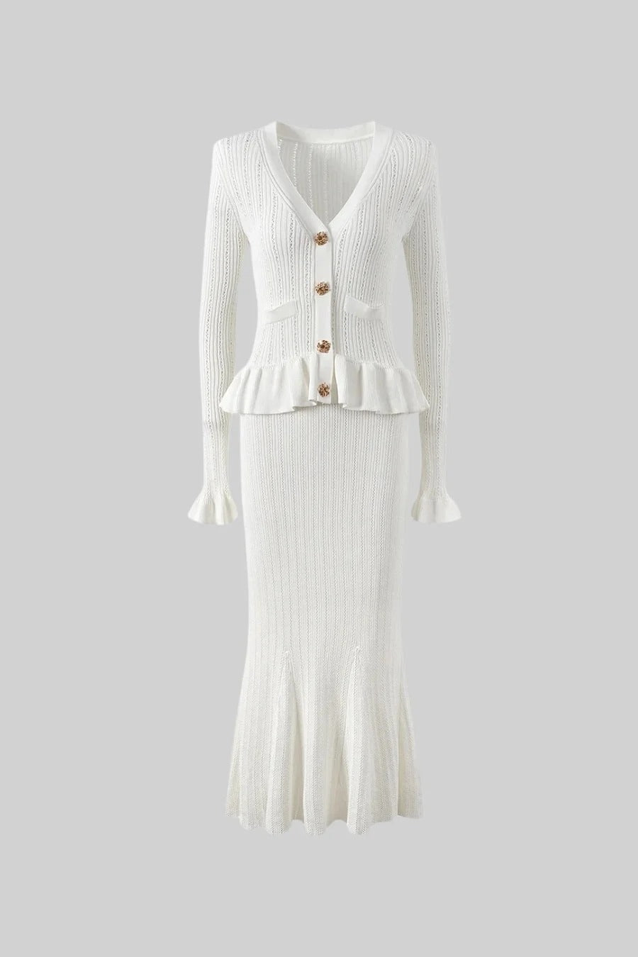 CONJUNTO DE CHAQUETA Y FALDA DE PUNTO CON VOLANTES - BLANCO