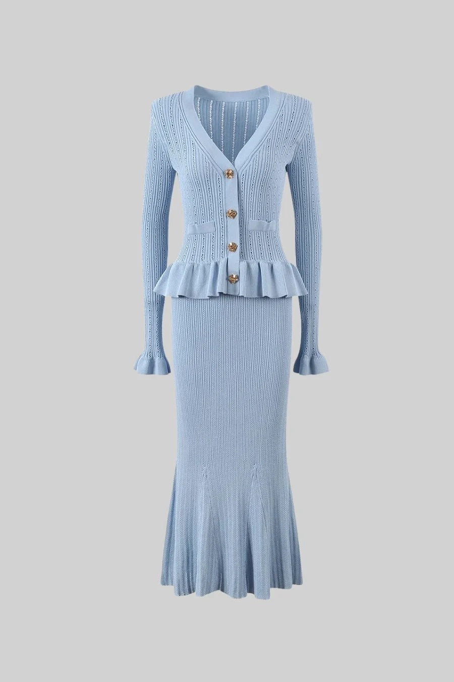 CONJUNTO DE CHAQUETA Y FALDA DE PUNTO CON VOLANTES - AZUL BEBÉ