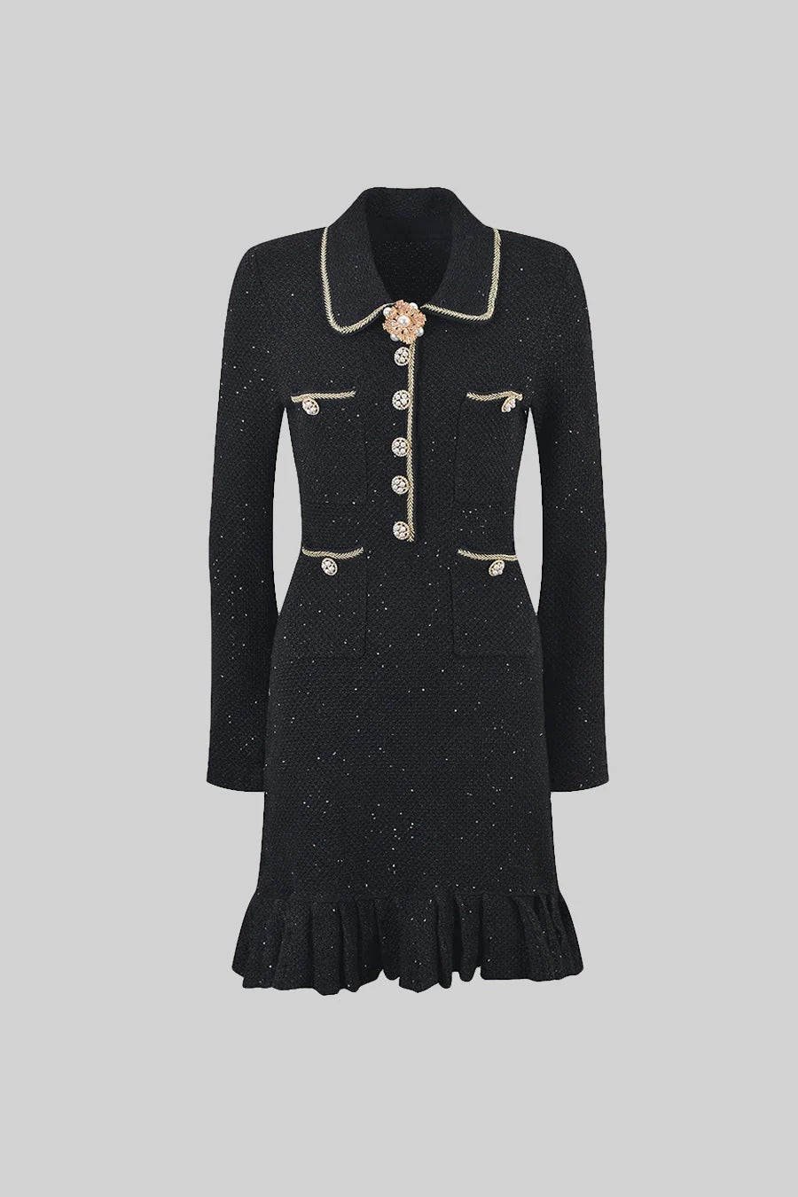 VESTIDO DE PUNTO TEXTURIZADO CON DETALLE FLORAL - NEGRO
