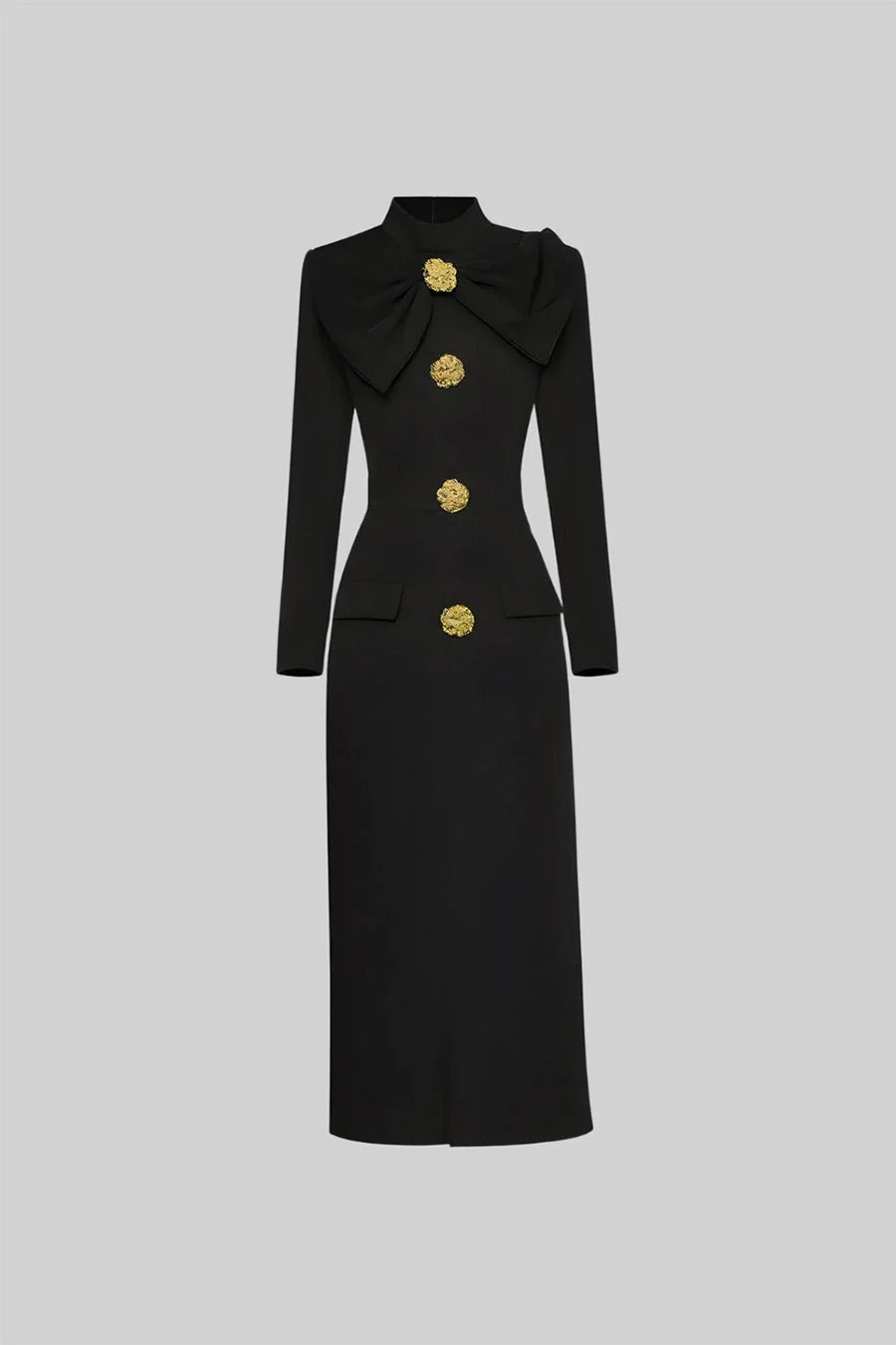 VESTIDO ENTALLADO CON LAZO Y BOTONES FLORALES - NEGRO