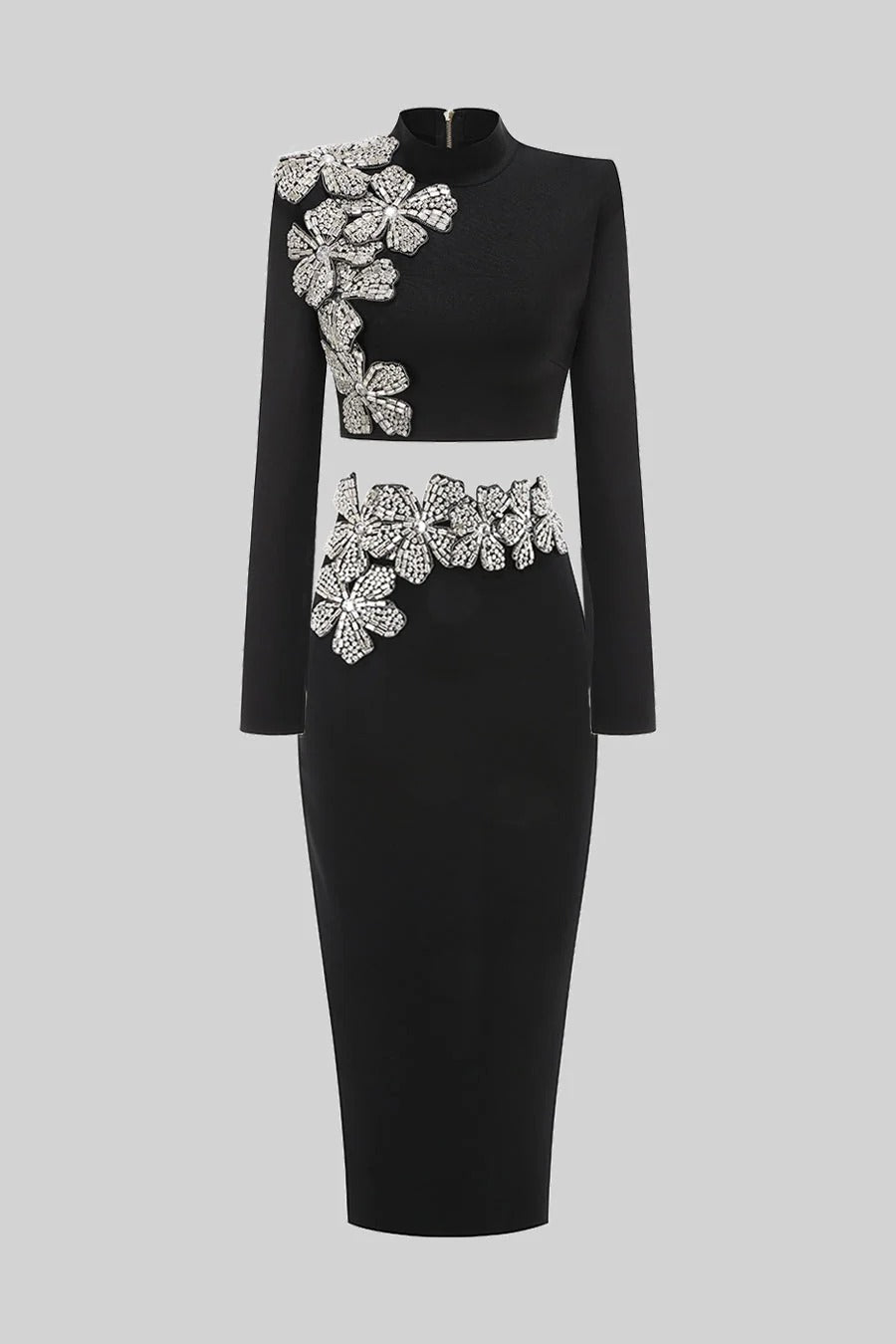 CONJUNTO DE TOP Y FALDA MAXI CON FLORES DE PEDRERÍA - NEGRO