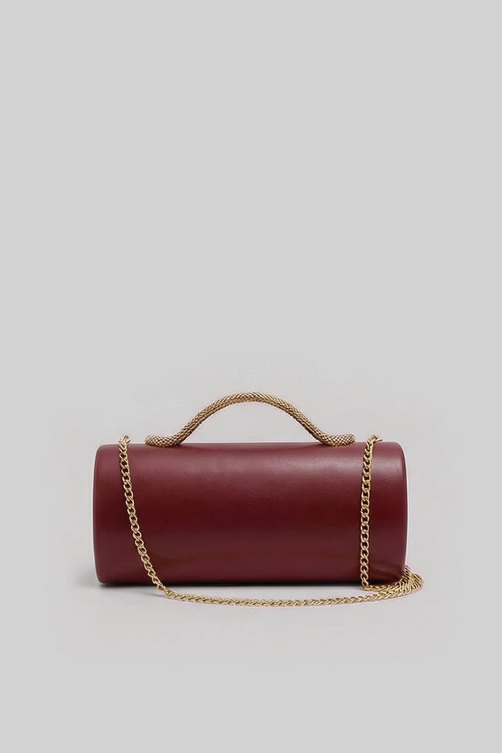 BOLSO DE MANO ESTRUCTURADO CON ASA DE SERPIENTE Y CADENA DORADA - GRANATE