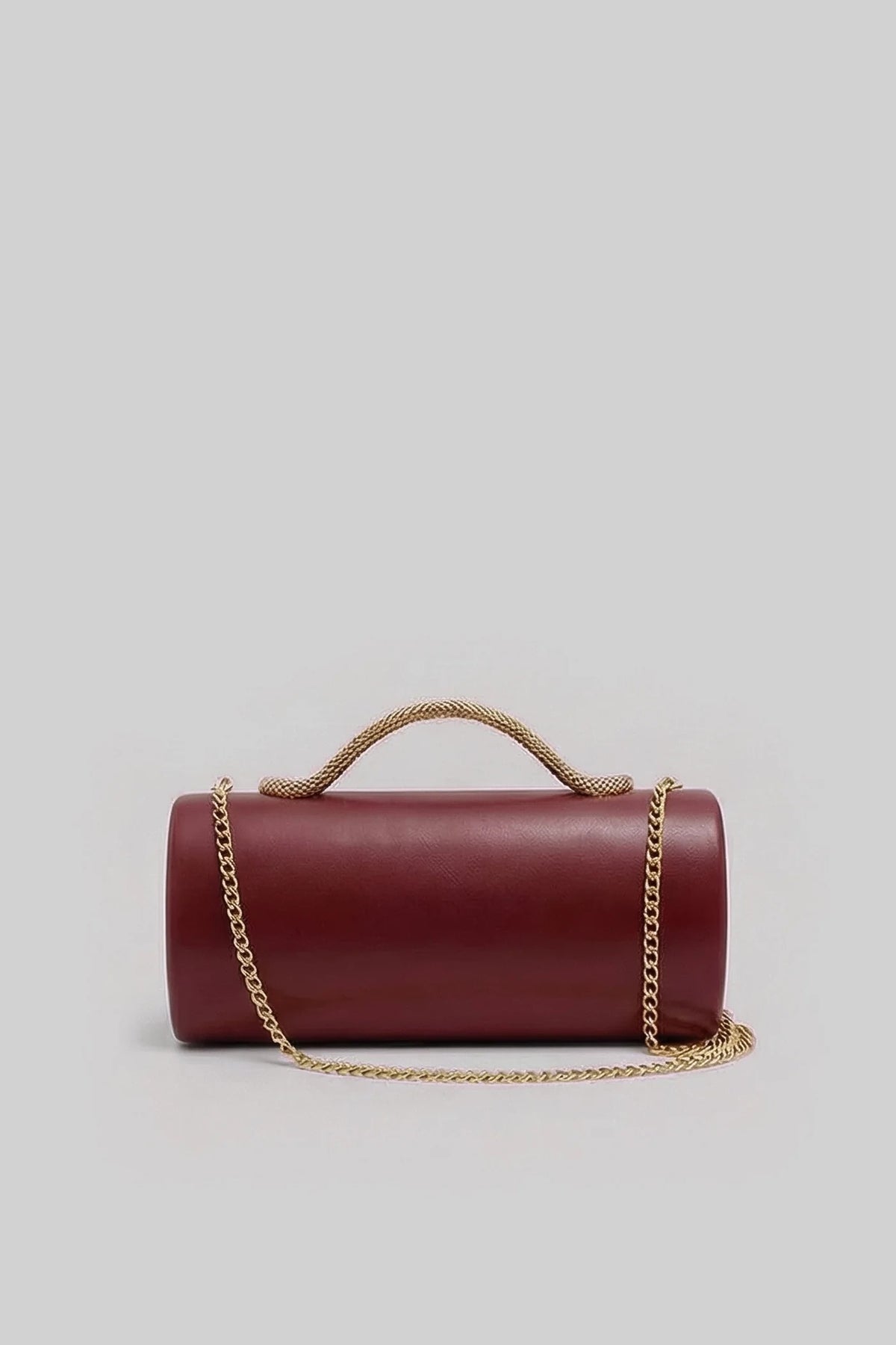 BOLSO DE MANO ESTRUCTURADO CON ASA DE SERPIENTE Y CADENA DORADA - GRANATE