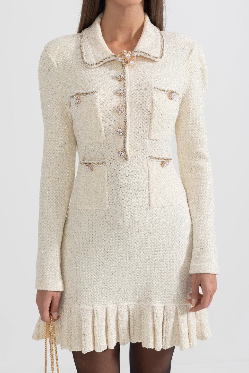 VESTIDO DE PUNTO TEXTURIZADO CON DETALLE FLORAL - MARFIL