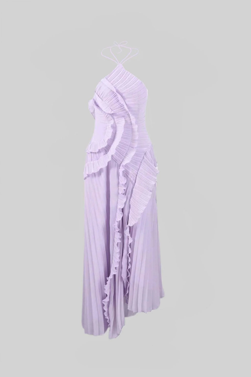 VESTIDO MAXI HALTER PLISADO CON VOLANTES - LAVANDA