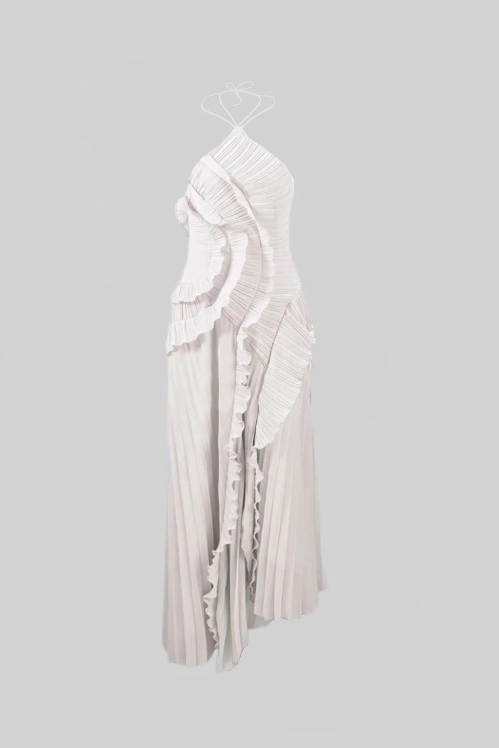 VESTIDO MAXI HALTER PLISADO CON VOLANTES - BLANCO