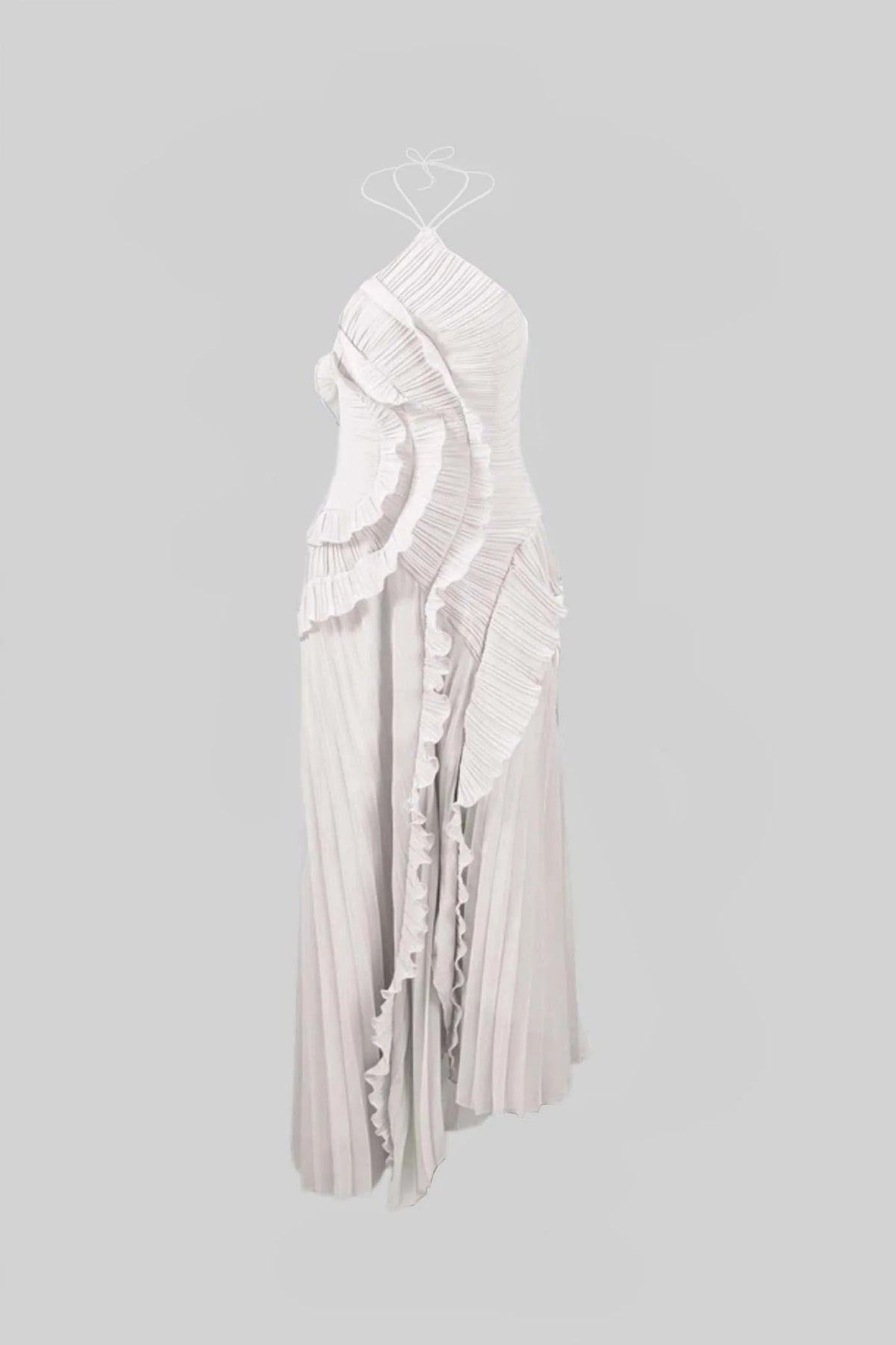 VESTIDO MAXI HALTER PLISADO CON VOLANTES - BLANCO