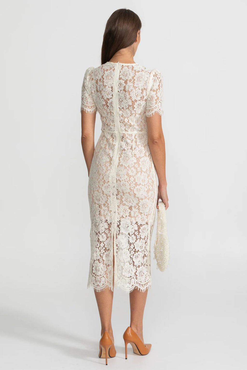 VESTIDO MIDI DE ENCAJE BORDADO CON LAZO - MARFIL