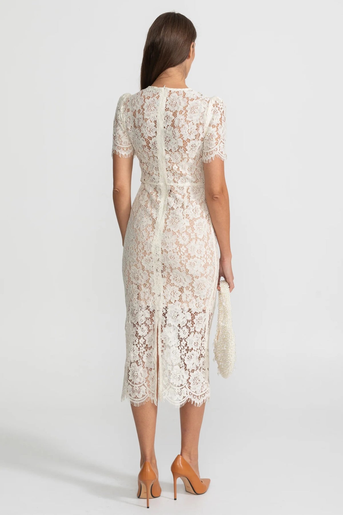 VESTIDO MIDI DE ENCAJE BORDADO CON LAZO - MARFIL