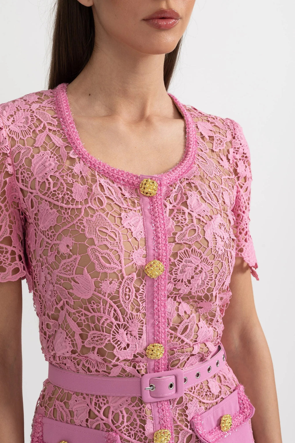 VESTIDO MIDI DE ENCAJE - ROSA