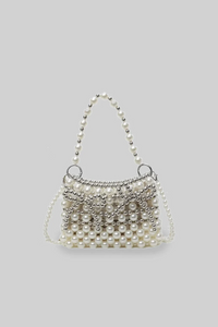BOLSO DE MANO DE ABALORIOS CON PERLAS Y DETALLES PLATEADOS - BLANCO