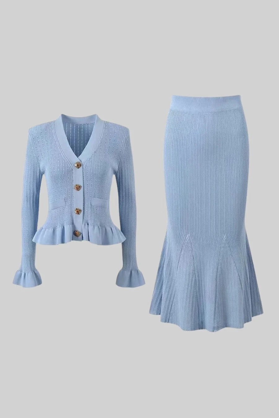 CONJUNTO DE CHAQUETA Y FALDA DE PUNTO CON VOLANTES - AZUL BEBÉ
