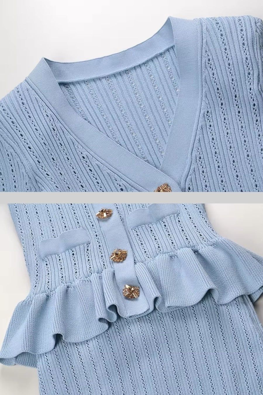 CONJUNTO DE CHAQUETA Y FALDA DE PUNTO CON VOLANTES - AZUL BEBÉ
