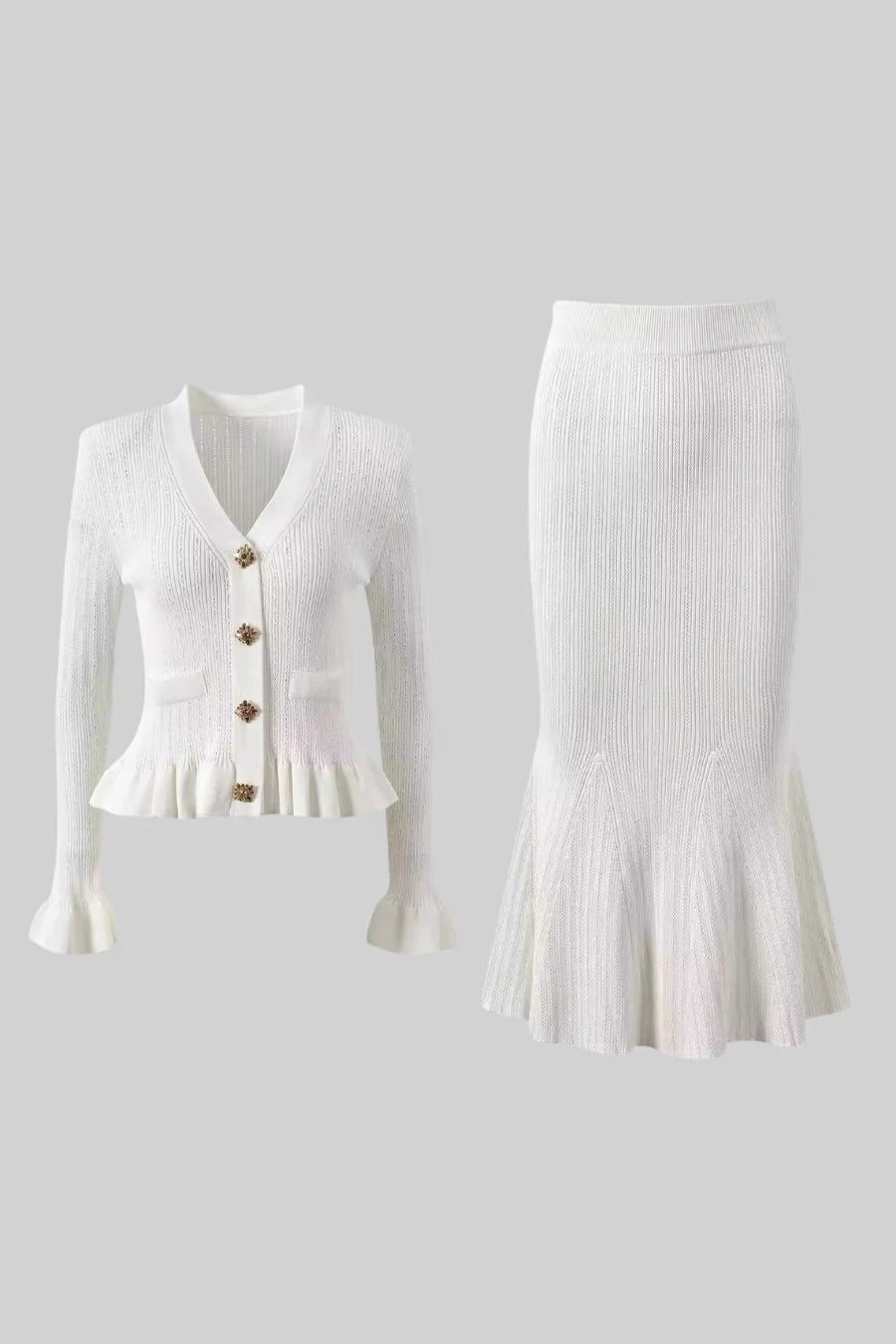 CONJUNTO DE CHAQUETA Y FALDA DE PUNTO CON VOLANTES - BLANCO