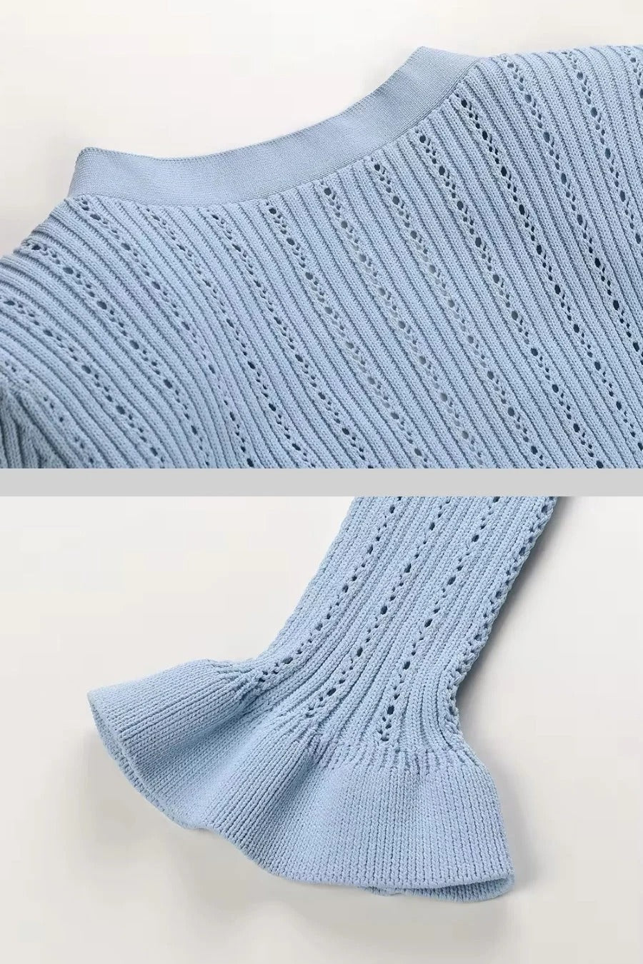 CONJUNTO DE CHAQUETA Y FALDA DE PUNTO CON VOLANTES - AZUL BEBÉ