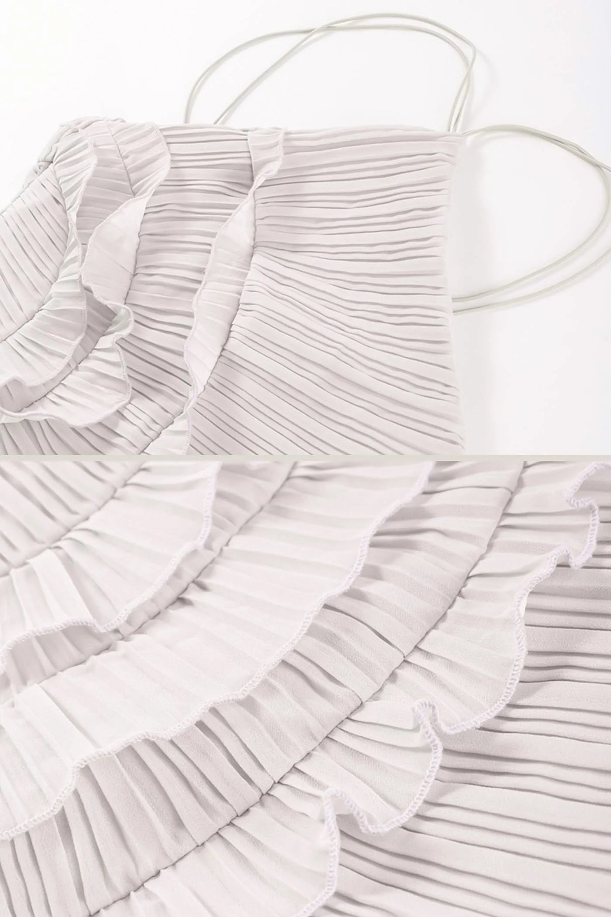 VESTIDO MAXI HALTER PLISADO CON VOLANTES - BLANCO