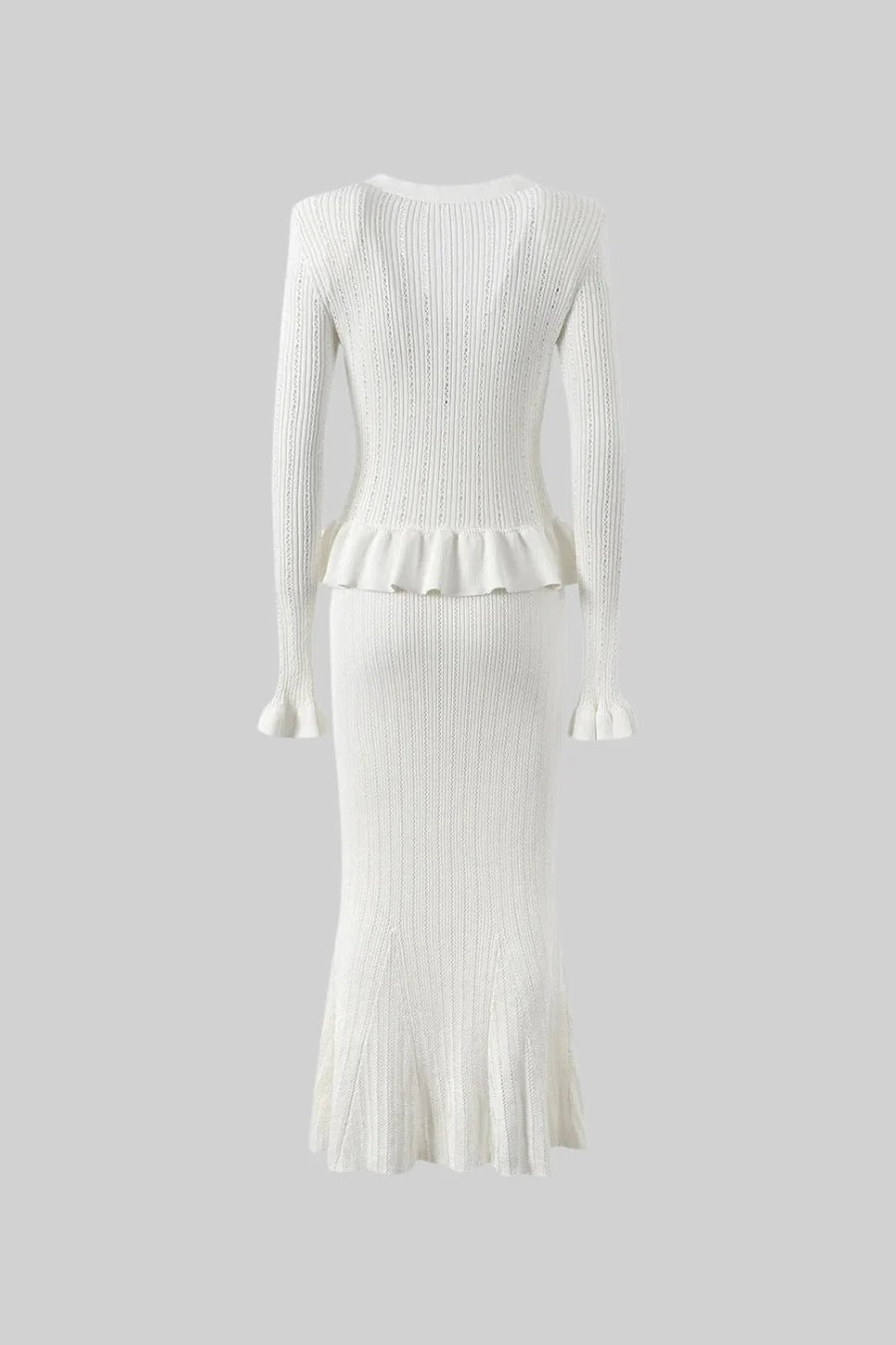 CONJUNTO DE CHAQUETA Y FALDA DE PUNTO CON VOLANTES - BLANCO