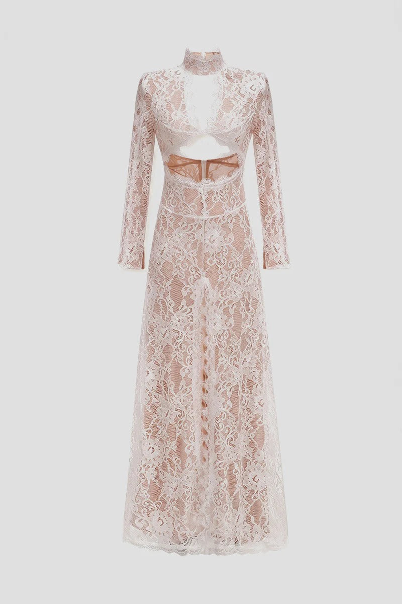 VESTIDO LARGO DE ENCAJE CON CUELLO ALTO Y ABERTURA FRONTAL - BLANCO