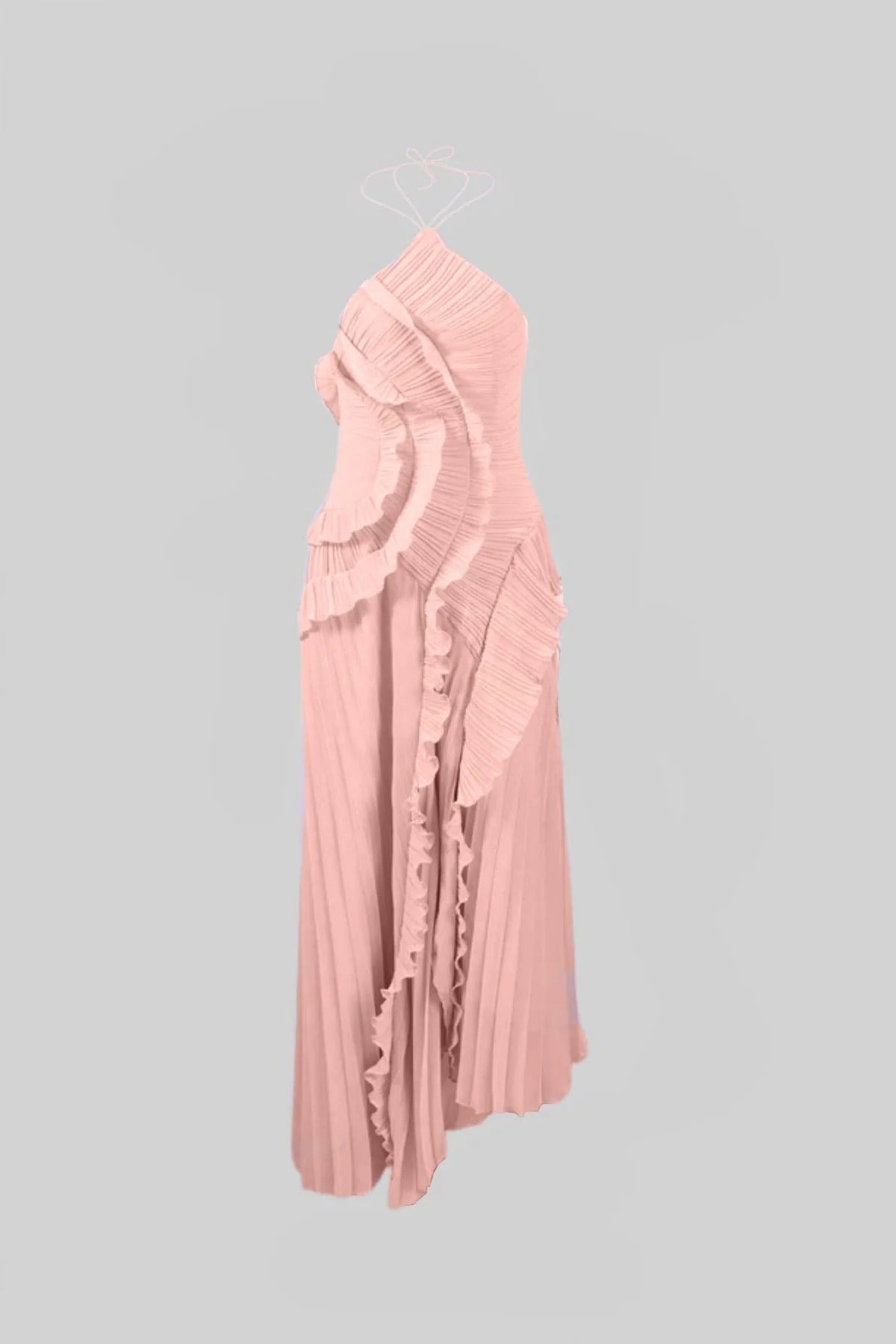 VESTIDO MAXI HALTER PLISADO CON VOLANTES - ROSA