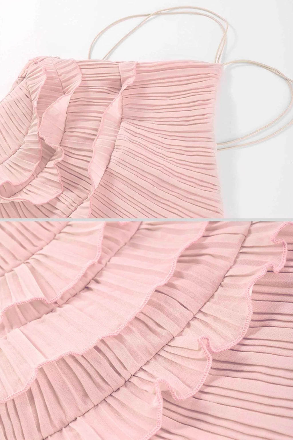 VESTIDO MAXI HALTER PLISADO CON VOLANTES - ROSA