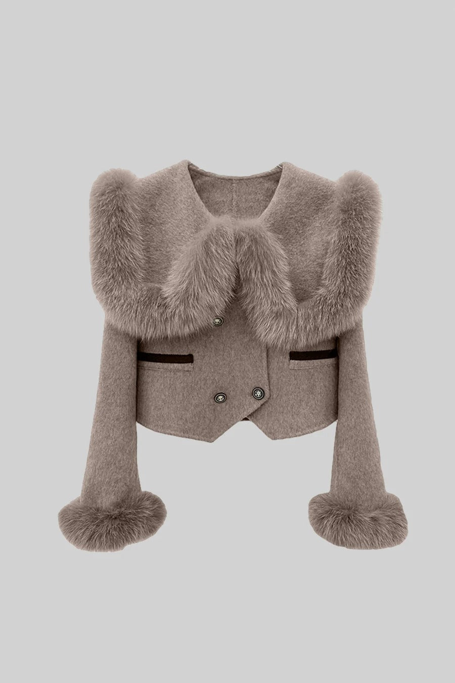 CHAQUETA CORTA CRUZADA CON CUELLO DE PELO SINTÉTICO - MARRÓN