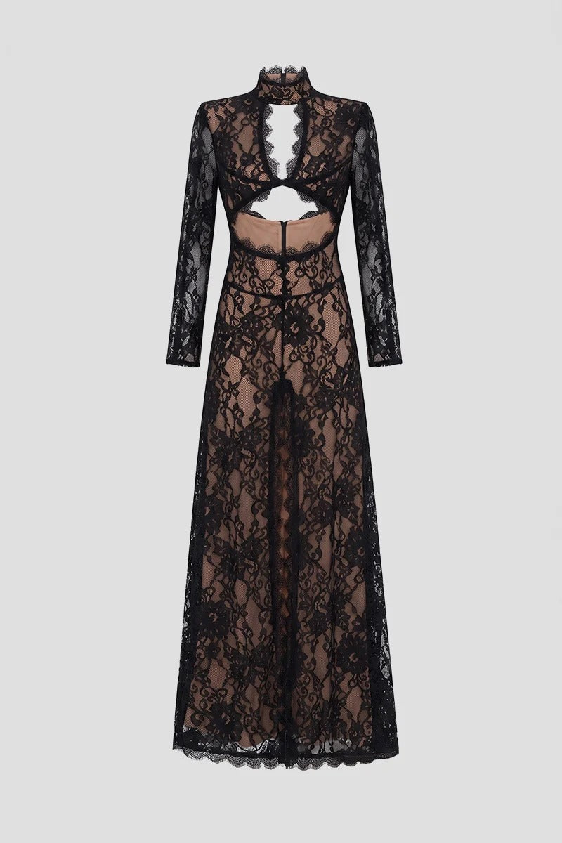 VESTIDO LARGO DE ENCAJE CON CUELLO ALTO Y ABERTURA FRONTAL - NEGRO