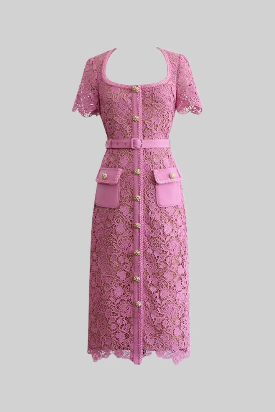 VESTIDO MIDI DE ENCAJE - ROSA